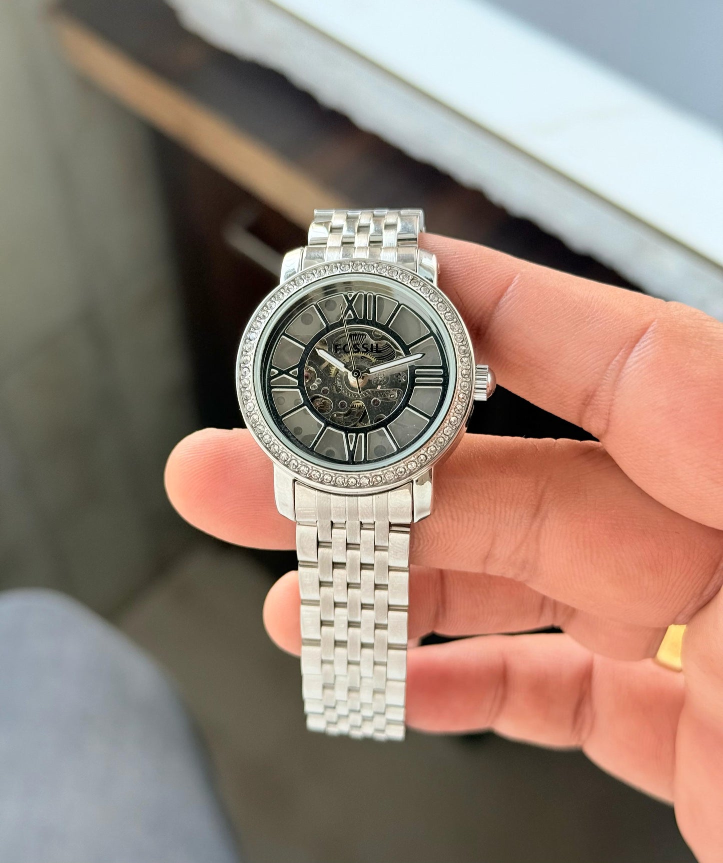 Fossil Skeleton Dial Automatic Watch – Silver Edition